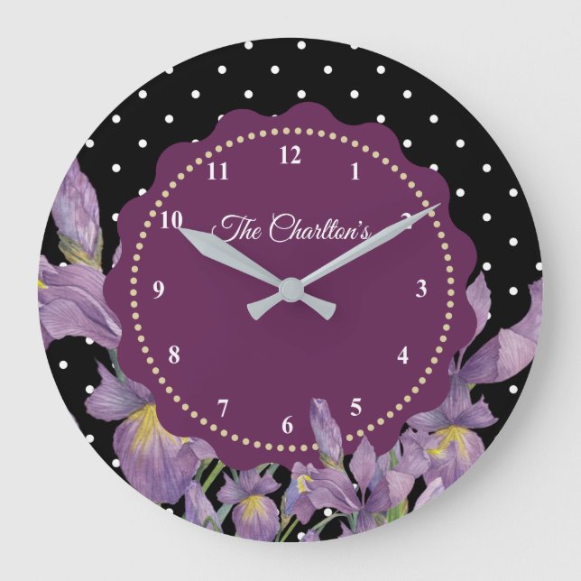 Watercolor Purple Iris Black White Polka Dots Large Clock (Front)