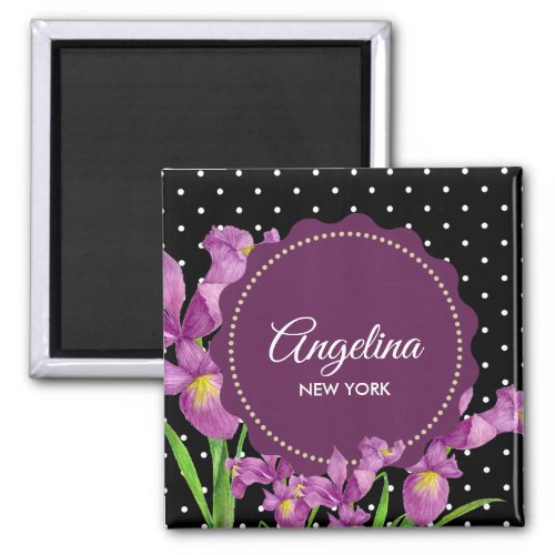 Watercolor Purple Iris Black White Polka Dots Magnet