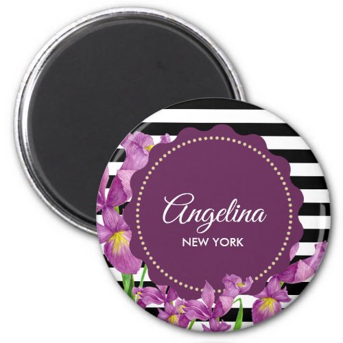 Watercolor Purple Iris Black White Polka Dots Magnet