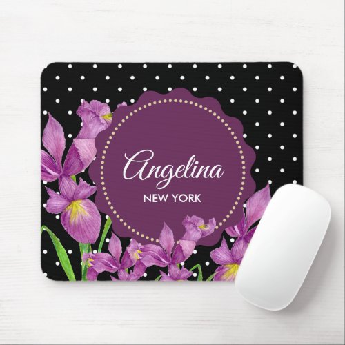 Watercolor Purple Iris Black White Polka Dots Mouse Pad