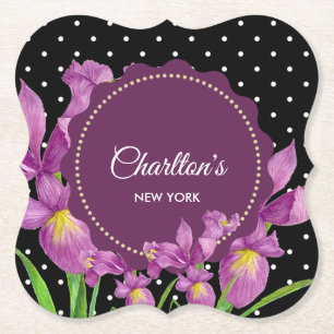 Watercolor Purple Iris Black White Polka Dots Paper Coaster