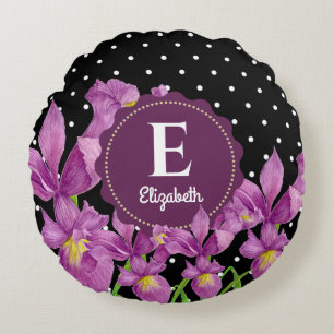 Watercolor Purple Iris Black White Polka Dots Round Pillow