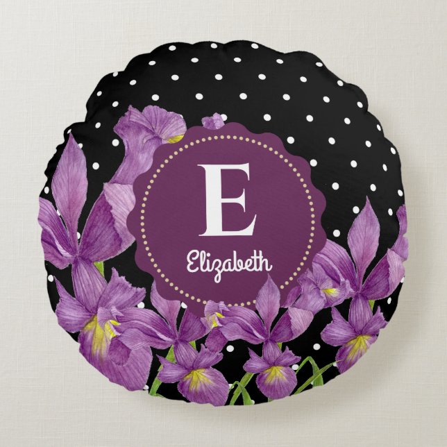 Watercolor Purple Iris Black White Polka Dots Round Pillow (Front)