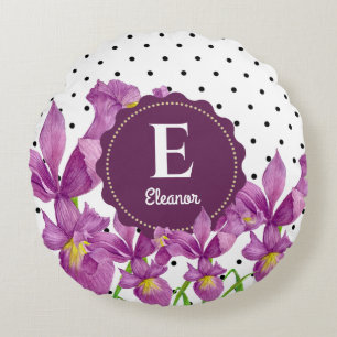 Watercolor Purple Iris Black White Polka Dots Round Pillow