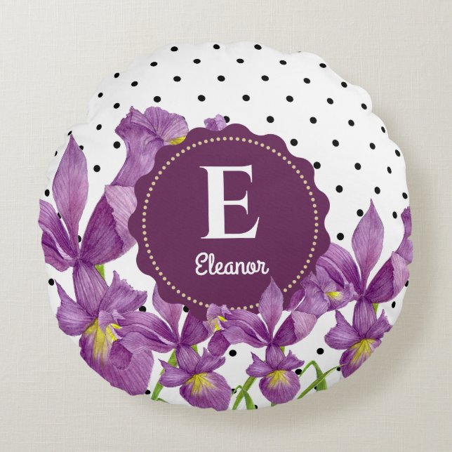Watercolor Purple Iris Black White Polka Dots Round Pillow (Front)