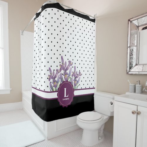 Watercolor Purple Iris Black White Polka Dots Show Shower Curtain
