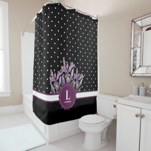 Watercolor Purple Iris Black White Polka Dots Shower Curtain