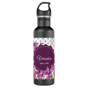 Watercolor Purple Iris Black White Polka Dots Stainless Steel Water Bottle