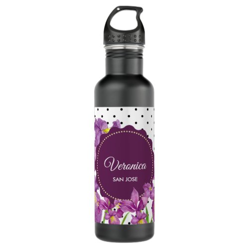 Watercolor Purple Iris Black White Polka Dots Stainless Steel Water Bottle