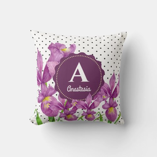 Watercolor Purple Iris Black White Polka Dots Throw Pillow