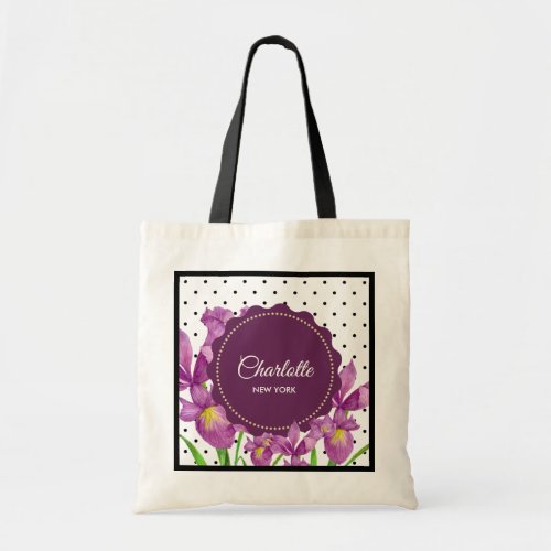 Watercolor Purple Iris Black White Polka Dots Tote Bag