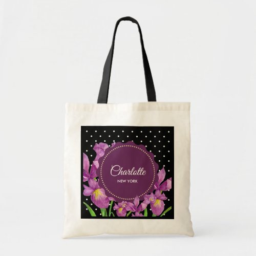 Watercolor Purple Iris Black White Polka Dots Tote Bag