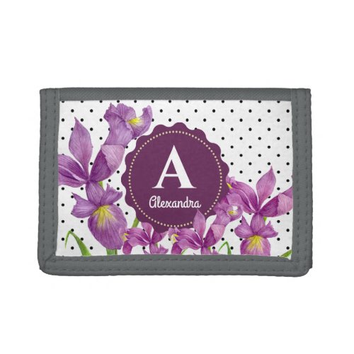 Watercolor Purple Iris Black White Polka Dots Trifold Wallet