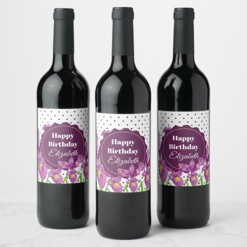 Watercolor Purple Iris Black White Polka Dots Wine Label