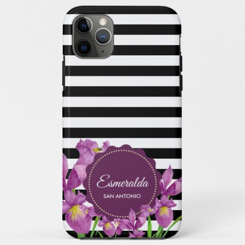 Watercolor Purple Iris Black White Stripes iPhone 11 Pro Max Case