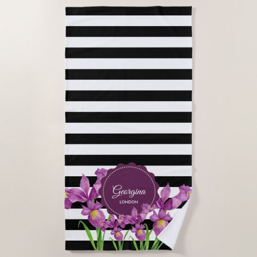 Watercolor Purple Iris Black White Stripes Pattern Beach Towel