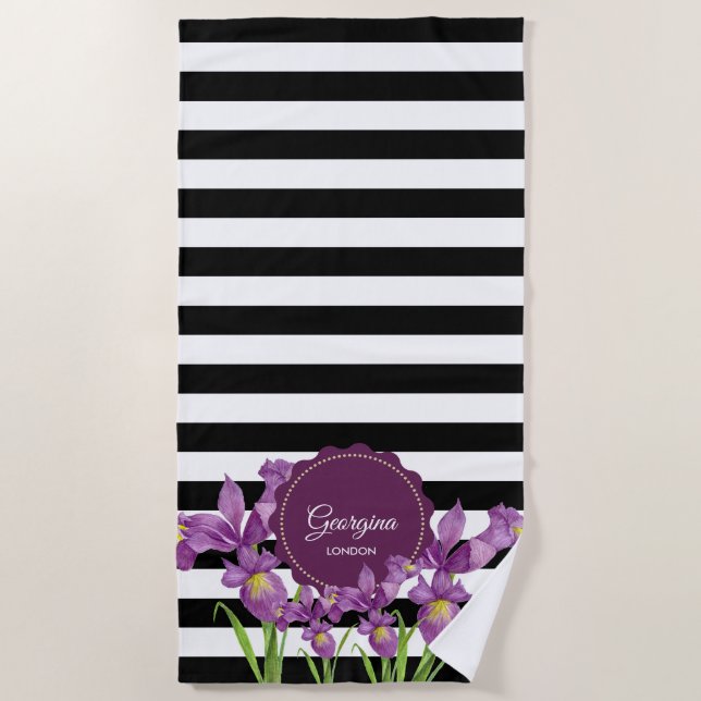 Watercolor Purple Iris Black White Stripes Pattern Beach Towel (Front)