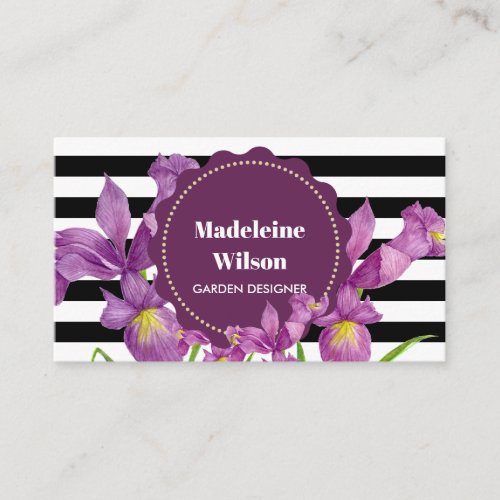 Watercolor Purple Iris Black White Stripes Pattern Business Card