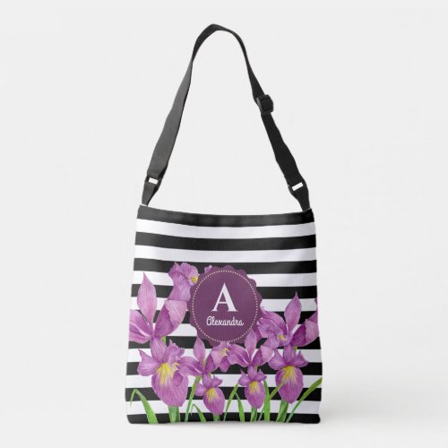 Watercolor Purple Iris Black White Stripes Pattern Crossbody Bag