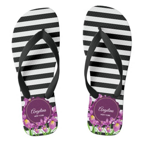 Watercolor Purple Iris Black White Stripes Pattern Flip Flops