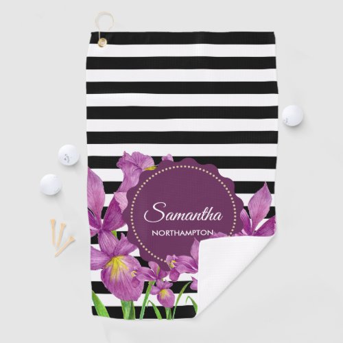 Watercolor Purple Iris Black White Stripes Pattern Golf Towel