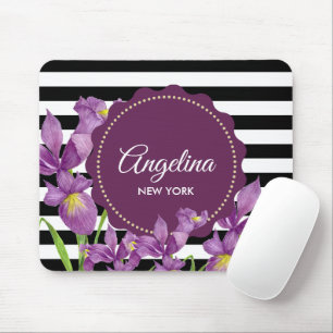 Watercolor Purple Iris Black White Stripes Pattern Mouse Pad