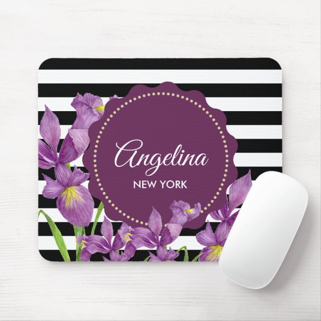 Watercolor Purple Iris Black White Stripes Pattern Mouse Pad (With Mouse)