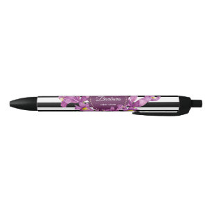 Watercolor Purple Iris Black White Stripes Pattern Pen