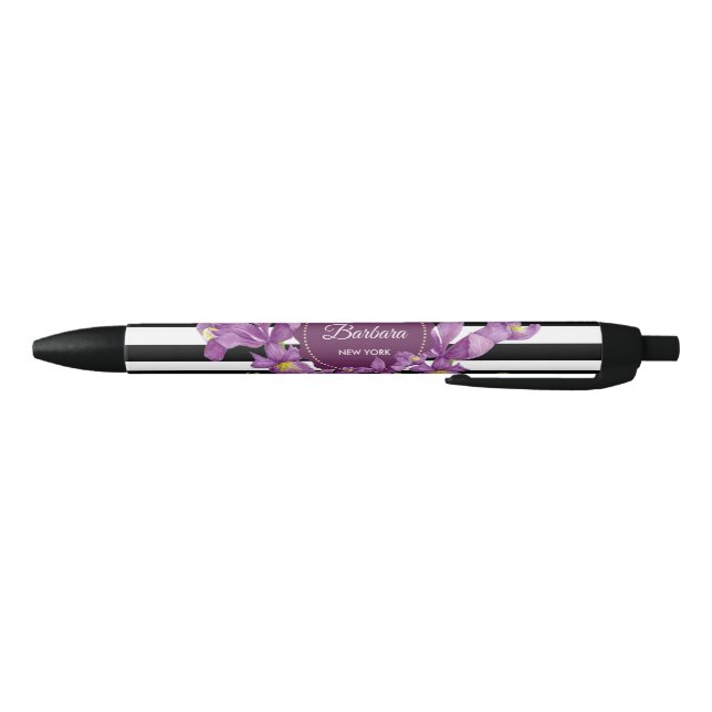 Watercolor Purple Iris Black White Stripes Pattern Pen (Bottom)
