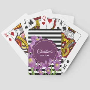 Watercolor Purple Iris Black White Stripes Pattern Poker Cards