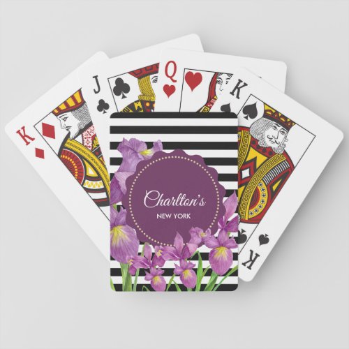 Watercolor Purple Iris Black White Stripes Pattern Poker Cards