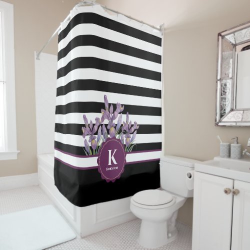 Watercolor Purple Iris Black White Stripes Pattern Shower Curtain