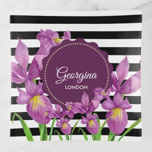 Watercolor Purple Iris Black White Stripes Pattern Trinket Tray