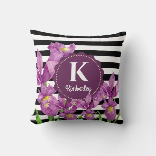 Watercolor Purple Iris Black White Stripes Throw Pillow