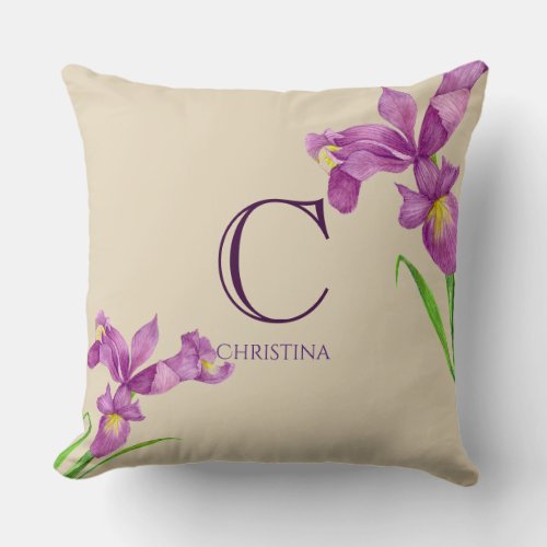 Watercolor Purple Iris Botanical Art Monogram Throw Pillow