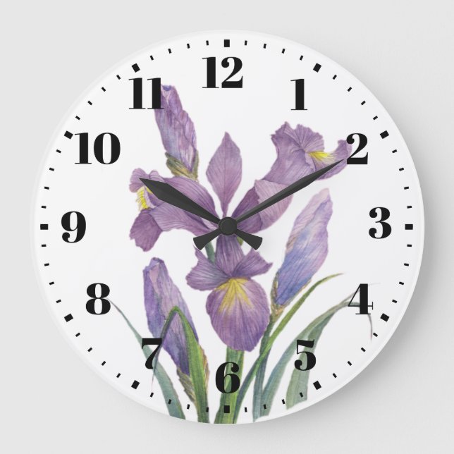 Watercolor Purple Iris Botanical Floral Art Large Clock (Front)