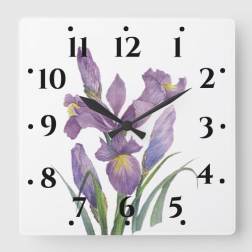 Watercolor Purple Iris Botanical Floral Art Square Wall Clock