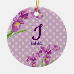 Watercolor Purple Iris Botanical Floral Monogram Ceramic Ornament