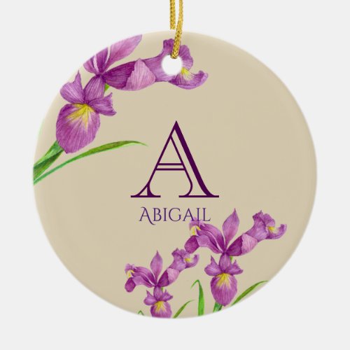 Watercolor Purple Iris Botanical Floral Monogram Ceramic Ornament