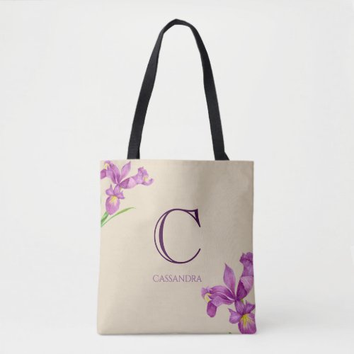 Watercolor Purple Iris Botanical Floral Monogram Tote Bag