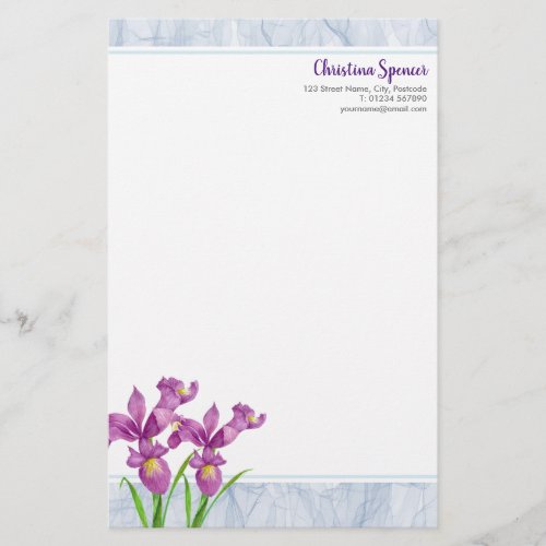 Watercolor Purple Iris Botanical Floral Organza Stationery