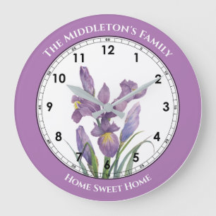 Watercolor Purple Iris Botanical Floral Painting Large Clock