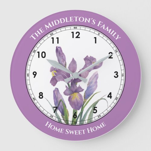 Watercolor Purple Iris Botanical Floral Painting Large Clock
