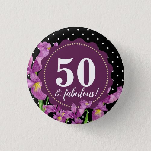 Watercolor Purple Iris Botanical Floral Polka Dots Button