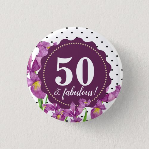 Watercolor Purple Iris Botanical Floral Polka Dots Button