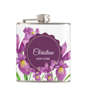 Watercolor Purple Iris Botanical Illustration Flask