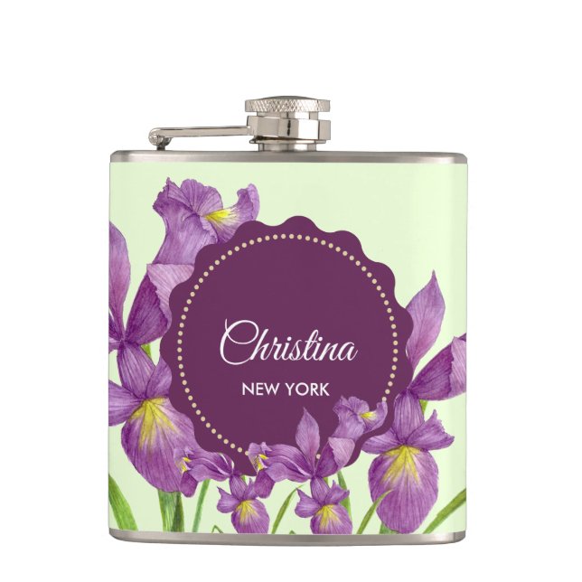 Watercolor Purple Iris Botanical Illustration Flask (Front)
