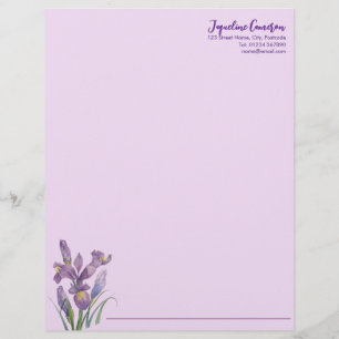 Watercolor Purple Iris Botanical Illustration Letterhead