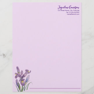 Watercolor Purple Iris Botanical Illustration Letterhead