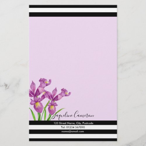 Watercolor Purple Iris Botanical Illustration Stationery